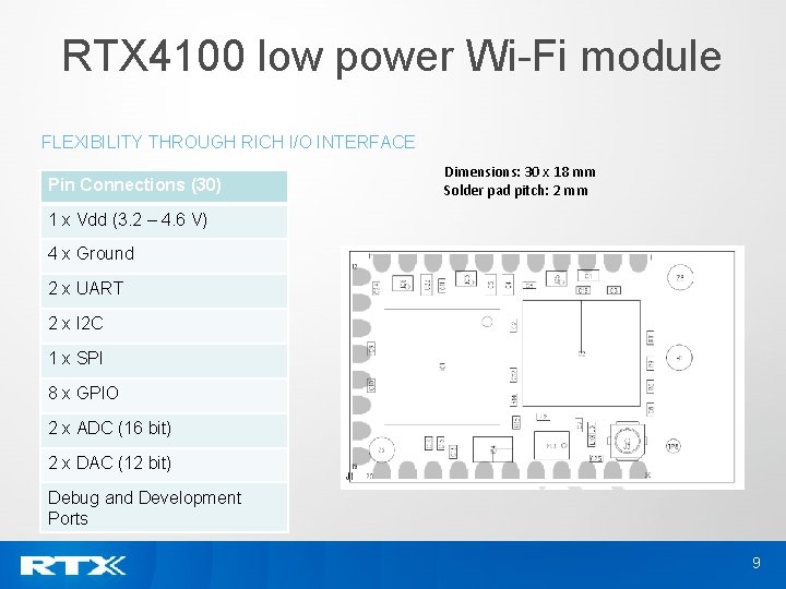 RTX 4100 low power Wi-Fi module FLEXIBILITY THROUGH RICH I/O INTERFACE Pin Connections (30)