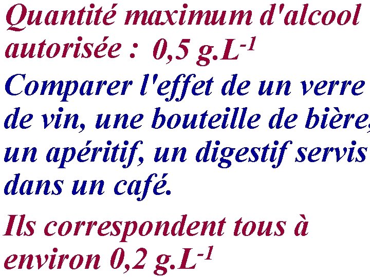 Quantité maximum d'alcool -1 autorisée : 0, 5 g. L Comparer l'effet de un