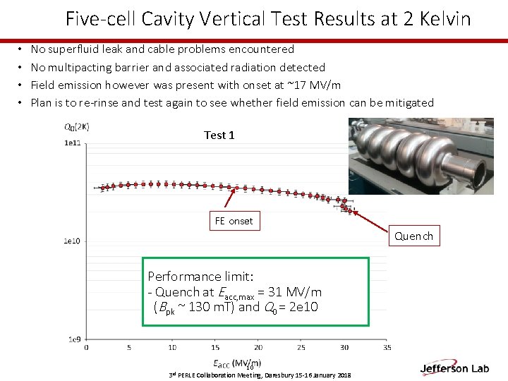 Five-cell Cavity Vertical Test Results at 2 Kelvin • • No superfluid leak and
