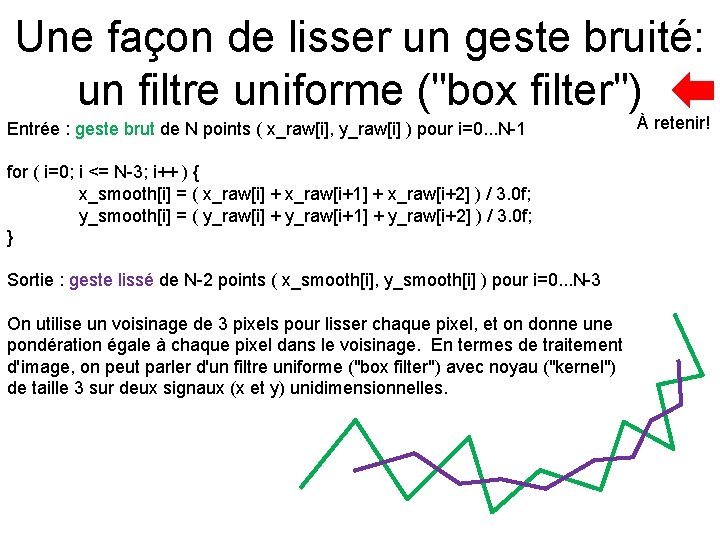 Une façon de lisser un geste bruité: un filtre uniforme ("box filter") Entrée :