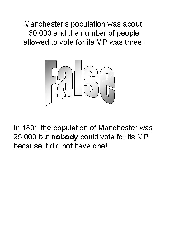 Manchester’s population was about 60 000 and the number of people allowed to vote