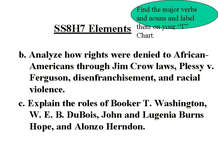 SS 8 H 7 Elements Find the major verbs and nouns and label them SS 8 H 7 Elements Find the major verbs and nouns and label them