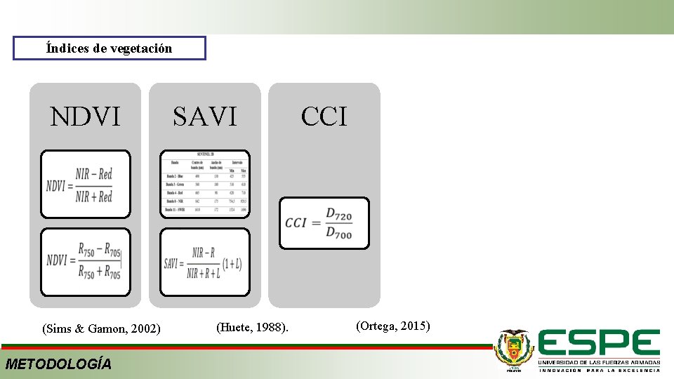 Índices de vegetación NDVI (Sims & Gamon, 2002) METODOLOGÍA SAVI (Huete, 1988). CCI (Ortega,