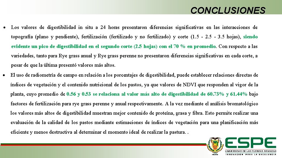 CONCLUSIONES Los valores de digestibilidad in situ a 24 horas presentaron diferencias significativas en