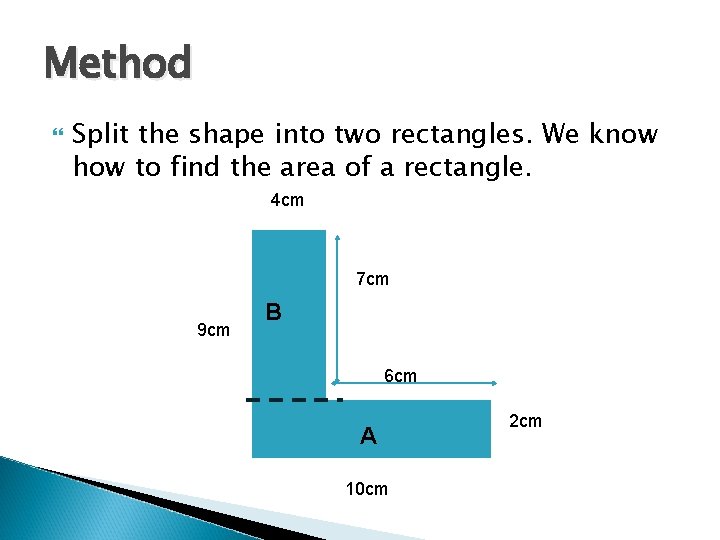 Method Split the shape into two rectangles. We know how to find the area