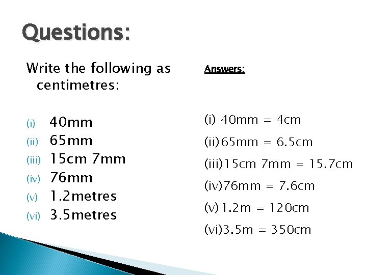 Questions: Write the following as centimetres: (i) (iii) (iv) (vi) 40 mm 65 mm