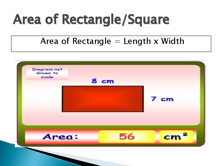 Area of Rectangle/Square Area of Rectangle = Length x Width 