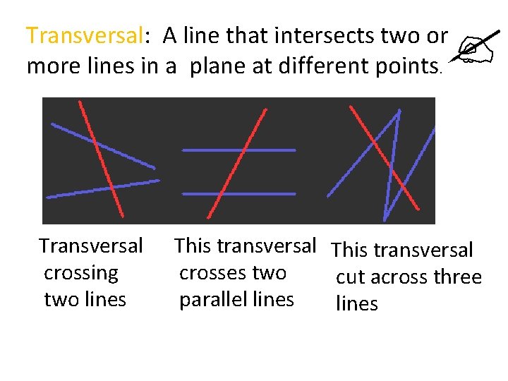  Transversal: A line that intersects two or more lines in a plane at