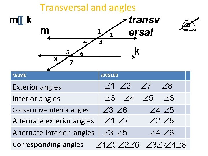 Transversal and angles transv m k 1 2 m ersal 4 8 NAME 3