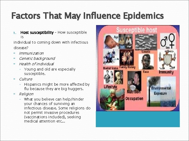 Factors That May Influence Epidemics Host susceptibility – How susceptible is individual to coming