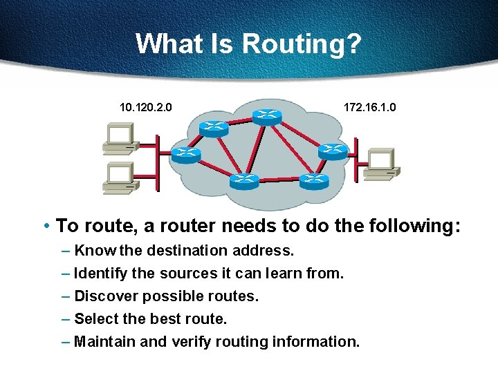 What Is Routing? 10. 120. 2. 0 172. 16. 1. 0 • To route,