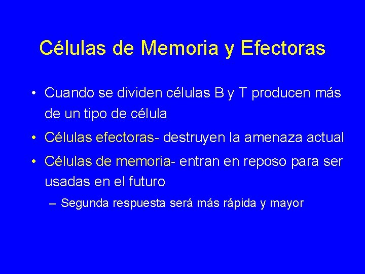 Células de Memoria y Efectoras • Cuando se dividen células B y T producen