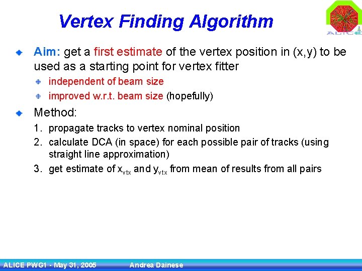 Vertex Finding Algorithm Aim: get a first estimate of the vertex position in (x,