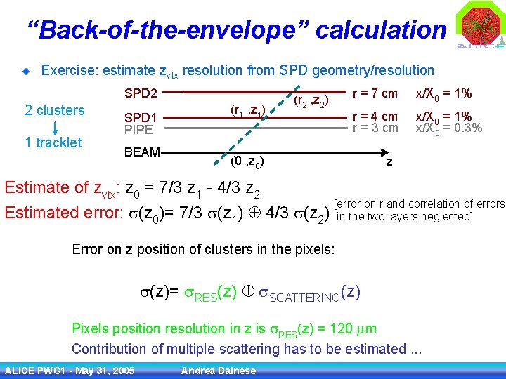 “Back-of-the-envelope” calculation Exercise: estimate zvtx resolution from SPD geometry/resolution SPD 2 2 clusters 1