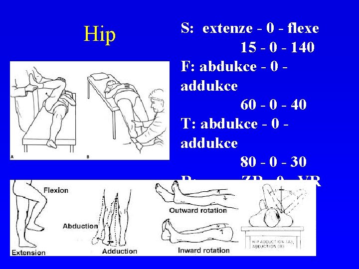 Hip S: extenze - 0 - flexe 15 - 0 - 140 F: abdukce