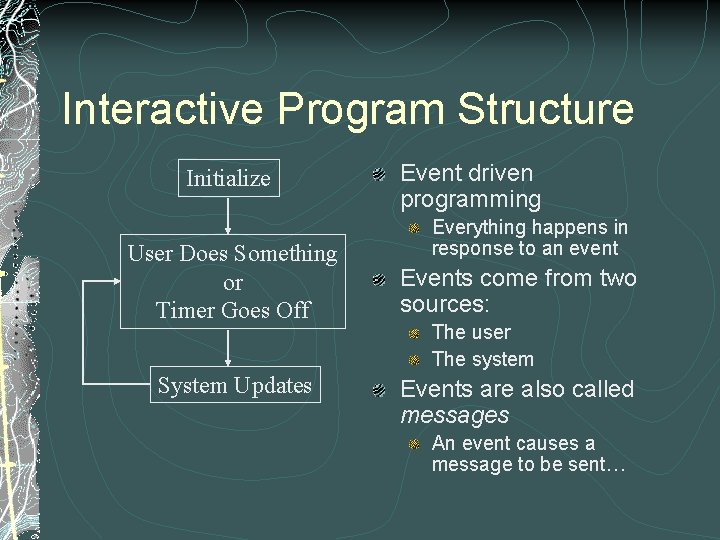 Interactive Program Structure Initialize User Does Something or Timer Goes Off System Updates Event