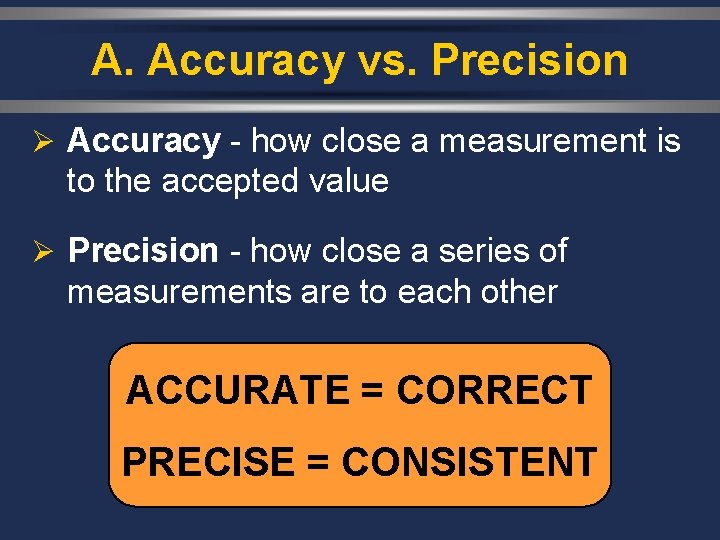 A. Accuracy vs. Precision Ø Accuracy - how close a measurement is to the