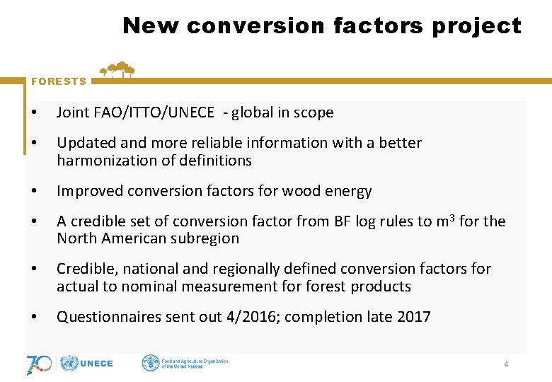 New conversion factors project FORESTS • Joint FAO/ITTO/UNECE - global in scope • Updated