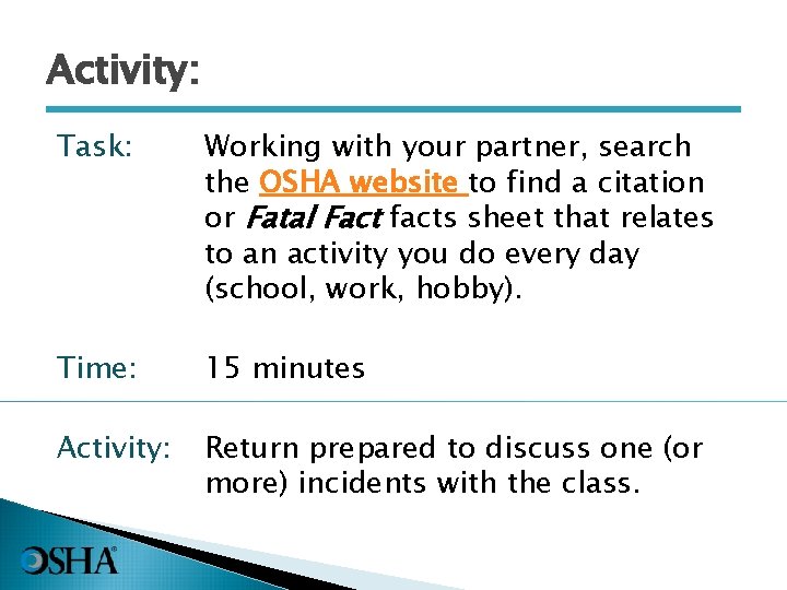 Activity: Task: Working with your partner, search the OSHA website to find a citation