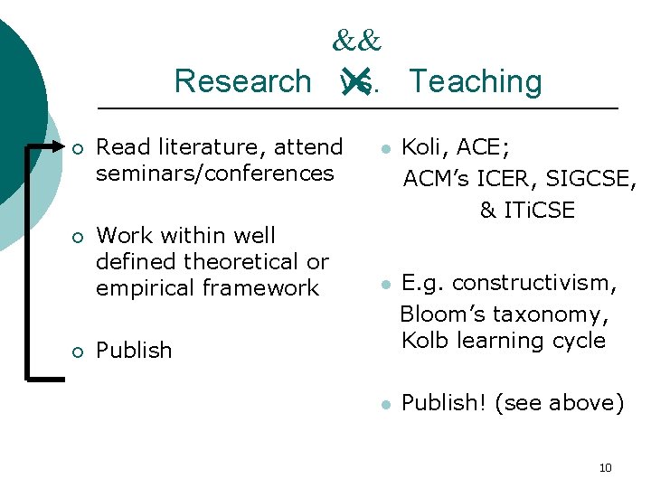 && Research vs. Teaching × ¡ Read literature, attend seminars/conferences ¡ Work within well