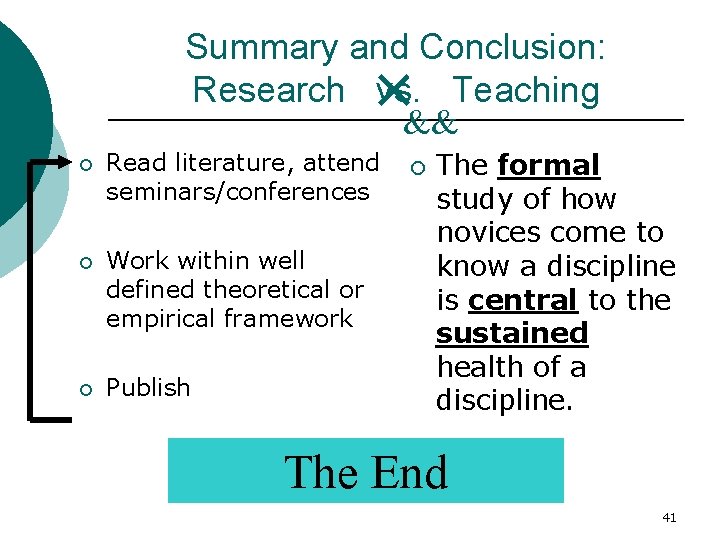 Summary and Conclusion: Research vs. Teaching && × ¡ Read literature, attend seminars/conferences ¡