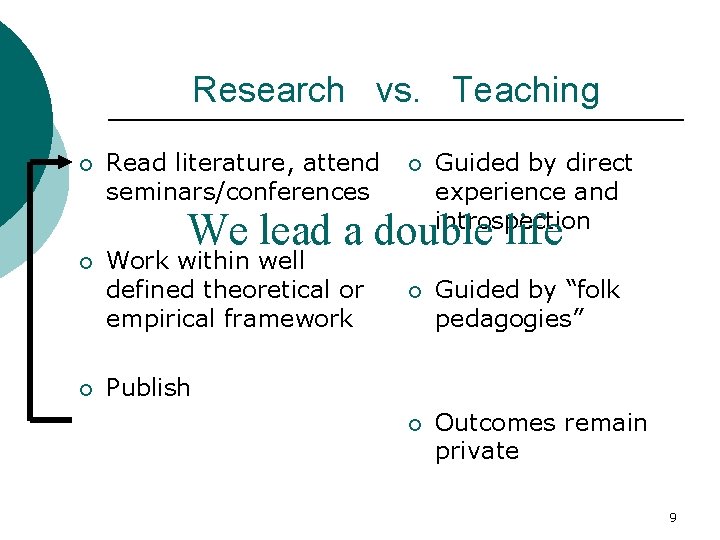 Research vs. Teaching ¡ Read literature, attend seminars/conferences ¡ Guided by direct experience and