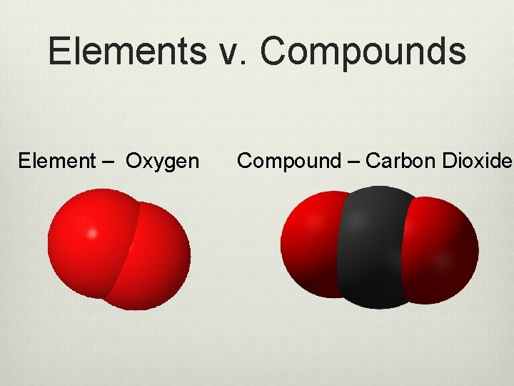 Elements v. Compounds Element – Oxygen Compound – Carbon Dioxide 