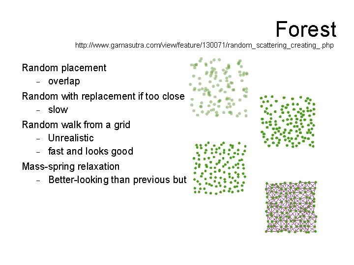 Forest http: //www. gamasutra. com/view/feature/130071/random_scattering_creating_. php Random placement overlap Random with replacement if too