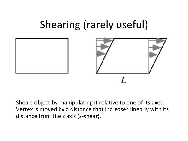 Shearing (rarely useful) Shears object by manipulating it relative to one of its axes.