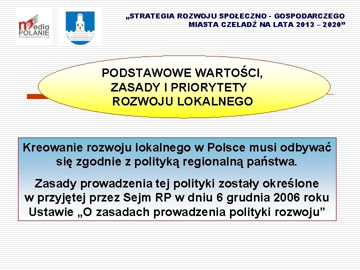 „STRATEGIA ROZWOJU SPOŁECZNO - GOSPODARCZEGO MIASTA CZELADŹ NA LATA 2013 – 2020” PODSTAWOWE WARTOŚCI,