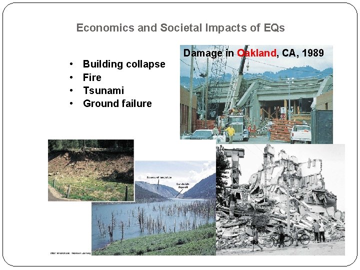 Economics and Societal Impacts of EQs • • Building collapse Fire Tsunami Ground failure