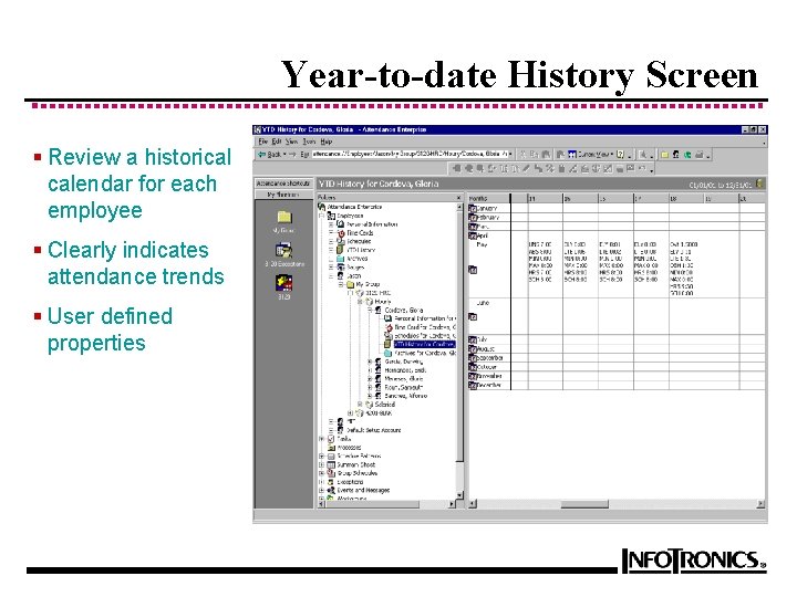 Year-to-date History Screen § Review a historical calendar for each employee § Clearly indicates
