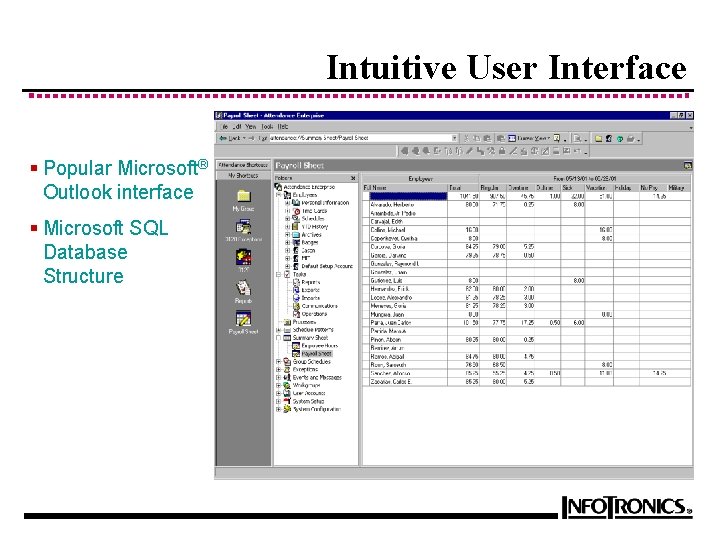 Intuitive User Interface § Popular Microsoft® Outlook interface § Microsoft SQL Database Structure 