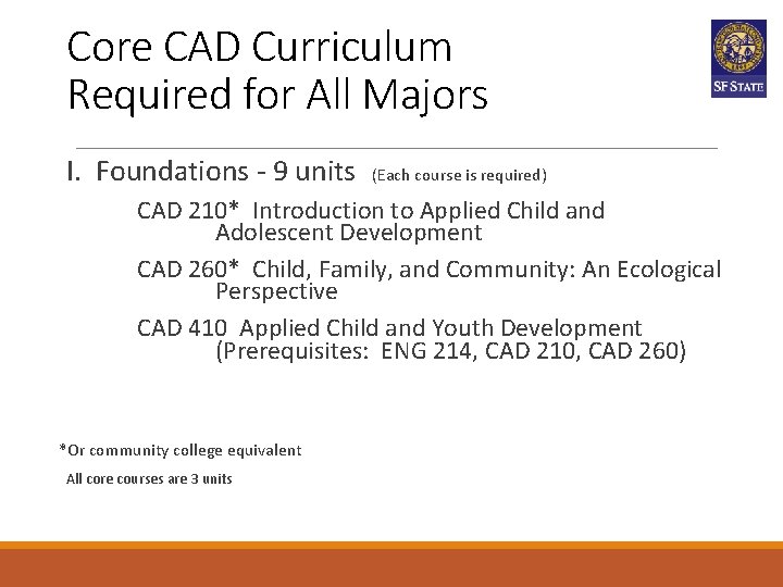 Core CAD Curriculum Required for All Majors I. Foundations - 9 units (Each course Core CAD Curriculum Required for All Majors I. Foundations - 9 units (Each course