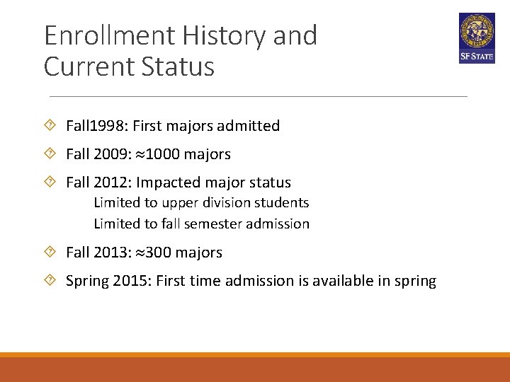 Enrollment History and Current Status Fall 1998: First majors admitted Fall 2009: 1000 majors Enrollment History and Current Status Fall 1998: First majors admitted Fall 2009: 1000 majors