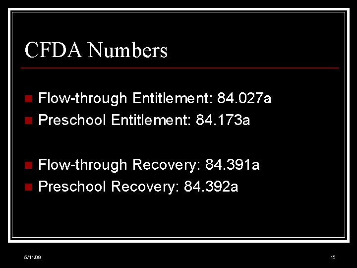 CFDA Numbers Flow-through Entitlement: 84. 027 a n Preschool Entitlement: 84. 173 a n