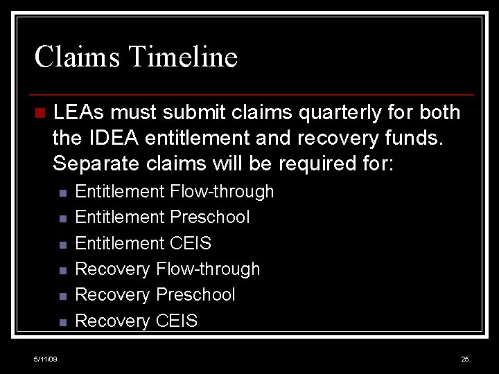 Claims Timeline n LEAs must submit claims quarterly for both the IDEA entitlement and