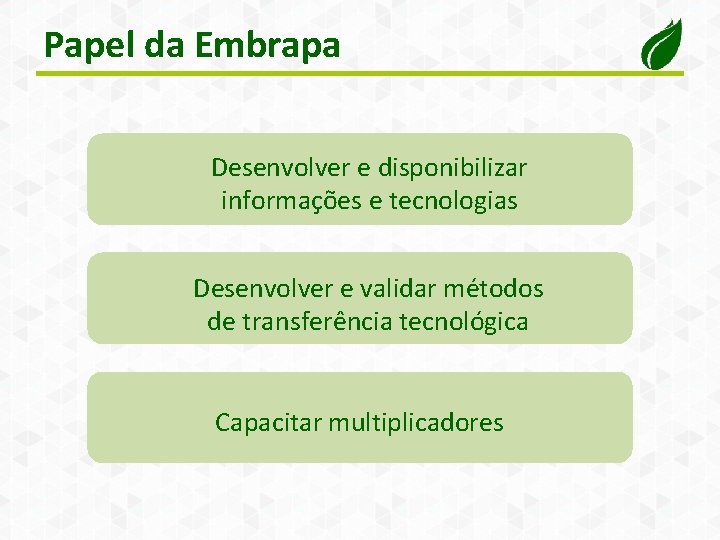 Papel da Embrapa Desenvolver e disponibilizar informações e tecnologias Desenvolver e validar métodos de