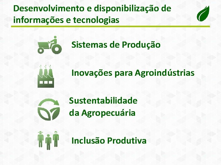 Desenvolvimento e disponibilização de informações e tecnologias Sistemas de Produção Inovações para Agroindústrias Sustentabilidade