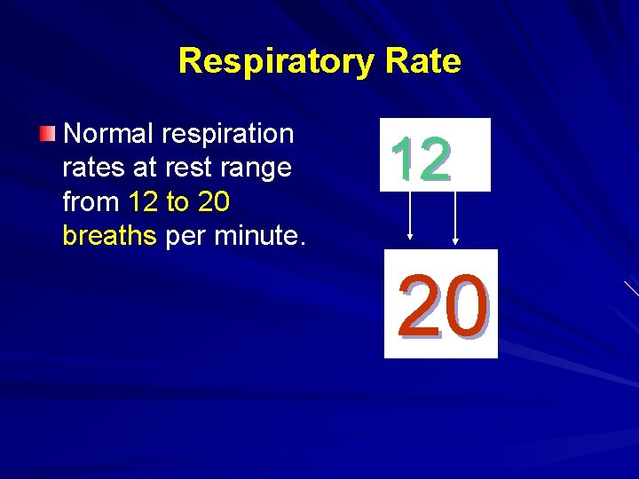 Respiratory Rate Normal respiration rates at rest range from 12 to 20 breaths per
