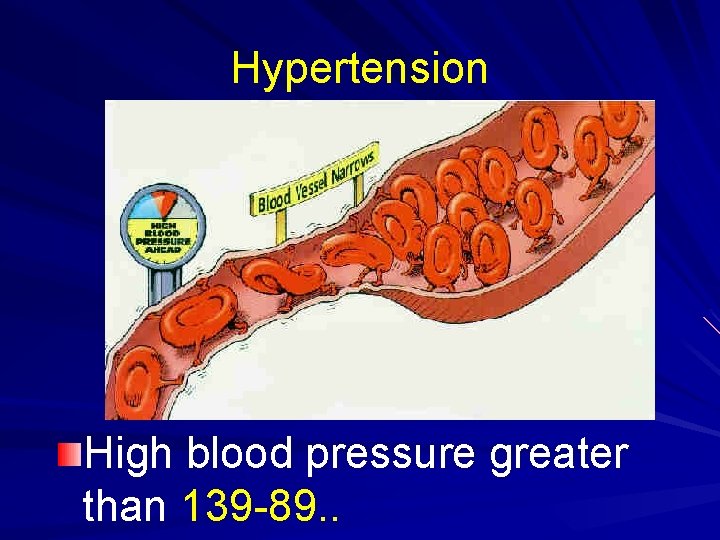 Hypertension High blood pressure greater than 139 -89. . 