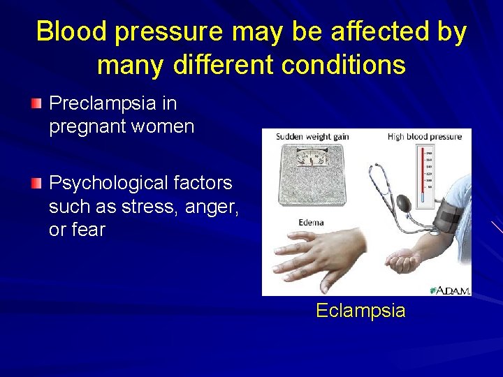 Blood pressure may be affected by many different conditions Preclampsia in pregnant women Psychological