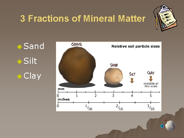 3 Fractions of Mineral Matter u Sand u Silt u Clay 