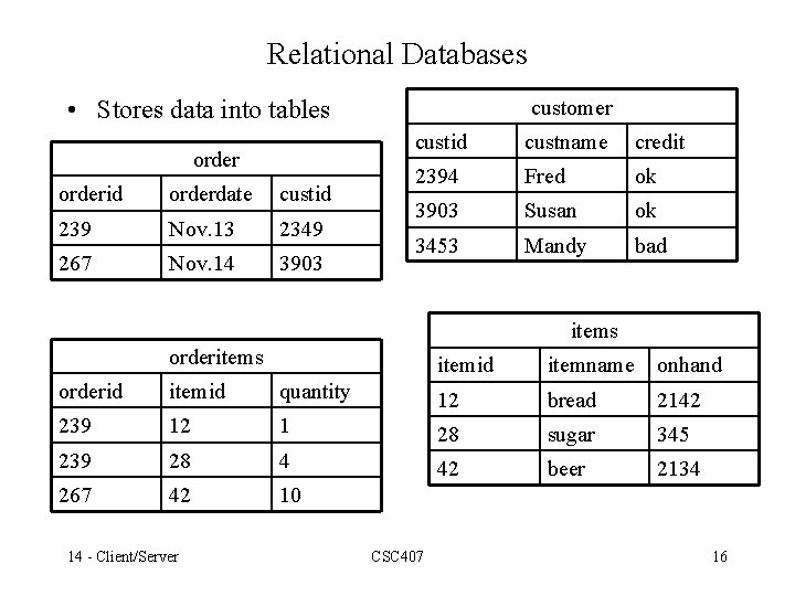 Relational Databases • Stores data into tables orderid orderdate custid 239 Nov. 13 2349