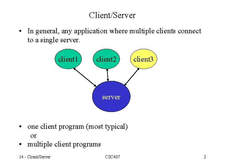 Client/Server • In general, any application where multiple clients connect to a single server.