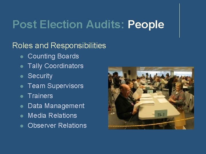 Post Election Audits: People Roles and Responsibilities Counting Boards Tally Coordinators Security Team Supervisors