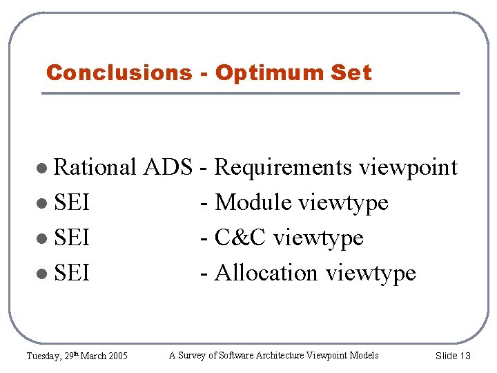 Conclusions - Optimum Set Rational SEI Tuesday, 29 th March 2005 ADS - Requirements