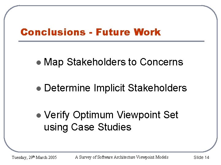 Conclusions - Future Work Map Stakeholders to Concerns Determine Implicit Stakeholders Verify Optimum Viewpoint