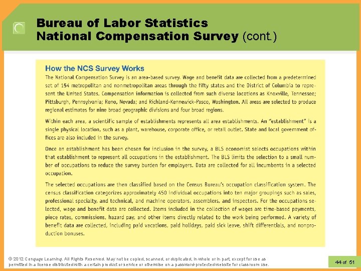 Bureau of Labor Statistics National Compensation Survey (cont. ) © 2012 Learning. All Rights