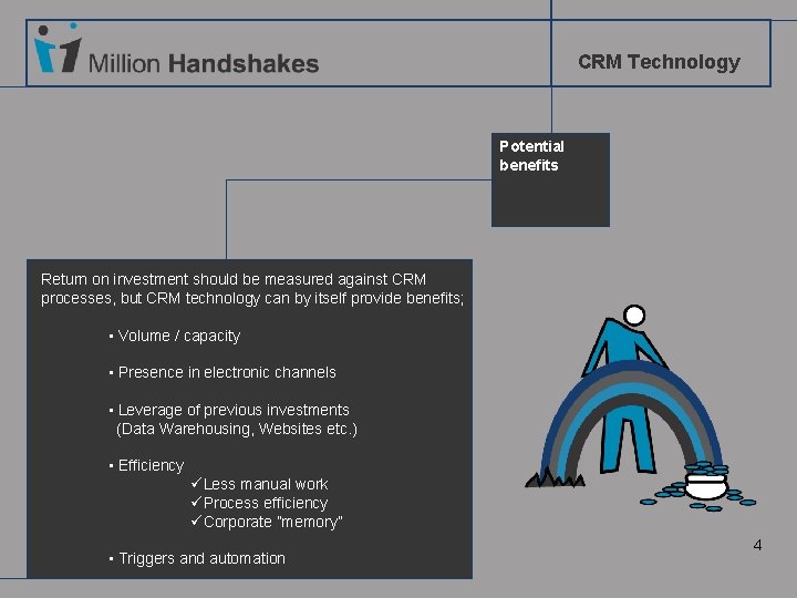 CRM Technology Potential benefits Return on investment should be measured against CRM processes, but